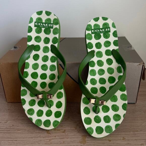 Coach Green/White Polka Dot Women Flip Flops Slides- SZ 7/8 - Picture 1 of 10